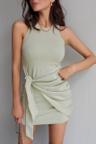 Street Solid Fold Strap Design O Neck Pencil Skirt Dresses