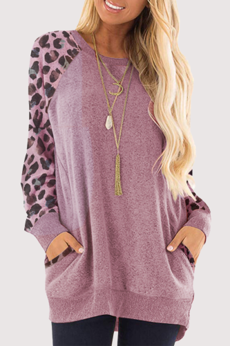 Casual Leopard Patchwork Pocket O Neck Tops