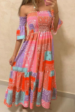 Fashion Print Patchwork Off the Shoulder Waist Skirt Dresses