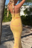 Casual Print Patchwork Halter Pencil Skirt Dresses