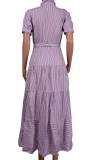 Casual Striped Print Patchwork Buckle Turndown Collar Shirt Dress Dresses