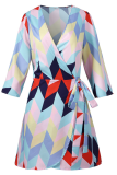 Casual Print Patchwork V Neck Waist Skirt Dresses