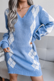 Casual Geometric Patchwork Contrast V Neck Dresses Sweater (Without Belt)
