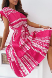 Casual Print Patchwork O Neck Waist Skirt Dresses