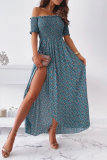 Elegant Floral Slit Fold Off the Shoulder Waist Skirt Dresses