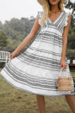 Fashion Street Striped Patchwork V Neck Cake Skirt Dresses