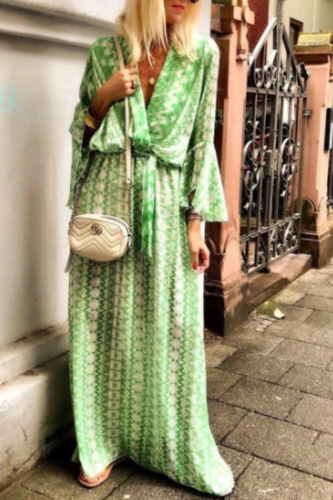 Casual Print Patchwork V Neck Waist Skirt Dresses