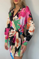 Fashion Print Patchwork Turndown Collar Waist Skirt Dresses