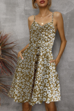 Fashion Elegant Print Patchwork Buckle V Neck A Line Dresses