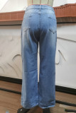 Street Solid Patchwork High Waist Boot Cut Denim Jeans