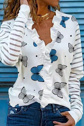 Casual Striped Butterfly Print Patchwork Flounce V Neck Tops