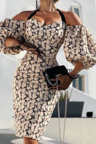Sexy Print Patchwork Halter Pencil Skirt Dresses