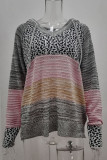 Wisherryy Fashion Hooded Leopard Stitched Knit Sweater