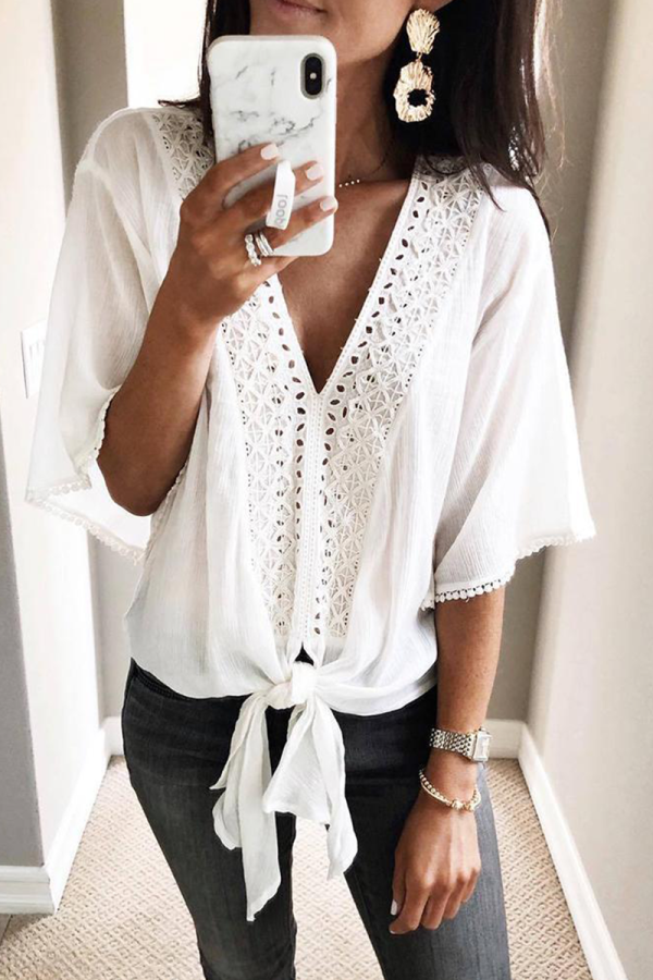 Casual Solid Patchwork V Neck Tops