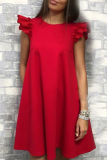 Casual Solid Flounce O Neck Cake Skirt Dresses