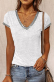 Fashion Street Solid Patchwork V Neck T-Shirts
