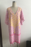 Fashion Print Patchwork V Neck Straight Dresses
