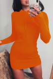 Fashion Street Solid Patchwork Zipper Collar Pencil Skirt Dresses
