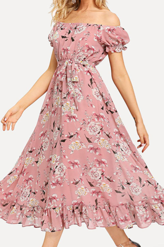 Elegant Floral Frenulum Flounce Off the Shoulder A Line Dresses