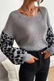 Casual Leopard Patchwork V Neck Tops Sweater