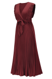 Fashion Elegant Solid Flounce Strap Design V Neck Pleated Dresses