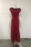 Fashion Solid Flounce V Neck Cake Skirt Dresses