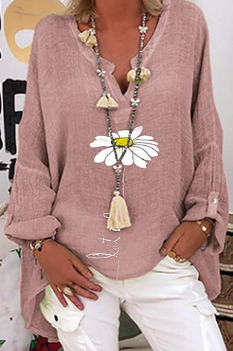Casual Floral Patchwork V Neck Tops