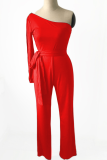 Casual Solid Patchwork One Shoulder Regular Jumpsuits