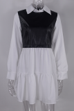 Elegant Patchwork Flounce Contrast Turndown Collar A Line Dresses