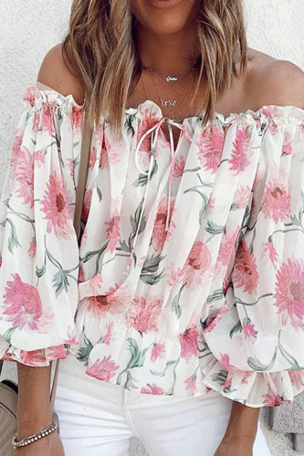 Fashion Sweet Print Patchwork Off the Shoulder Tops