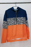 Fashion Leopard Color Block Patchwork Zipper Collar Tops