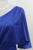Elegant Solid Patchwork Fold Oblique Collar Evening Dress Dresses