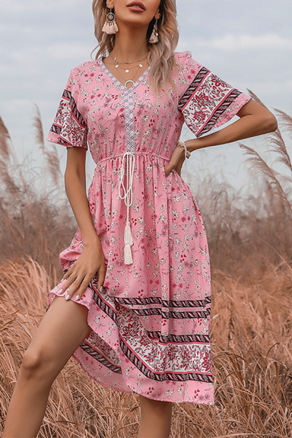Elegant Floral Patchwork Draw String V Neck A Line Dresses