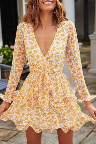 Fashion Street Print Patchwork V Neck Princess Dresses