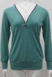 Work Solid Patchwork Zipper V Neck Tops