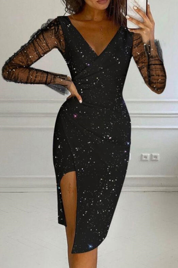 Sexy Solid Mesh V Neck Pencil Skirt Dresses