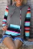 Casual Print Draw String Pocket Hooded Collar Tops