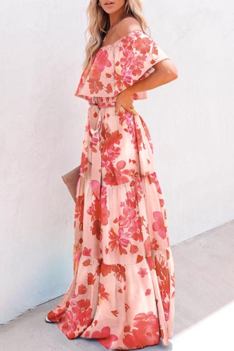 Casual Gradual Change Flounce Off the Shoulder Cake Skirt Dresses