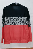Fashion Leopard Color Block Patchwork Zipper Collar Tops