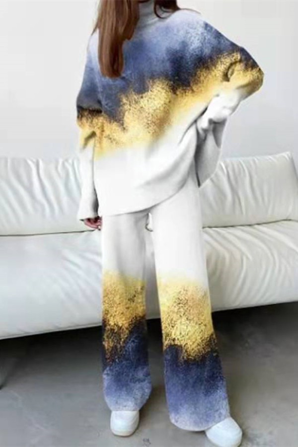 Casual Print Patchwork Turtleneck Long Sleeve Two Pieces