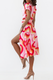 Fashion Print Patchwork V Neck Cake Skirt Dresses