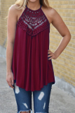 Casual Solid Lace O Neck Tops