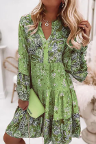Casual Print Patchwork V Neck Cake Skirt Dresses