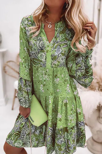 Casual Print Patchwork V Neck Cake Skirt Dresses