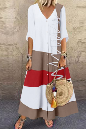 Fashion Patchwork Buttons V Neck Straight Dresses