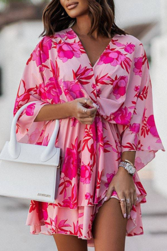 Fashion Print Patchwork V Neck Cake Skirt Dresses