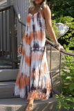 Casual Patchwork Tie-dye Spaghetti Strap Straight Dresses