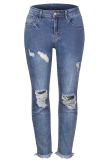 Casual Solid Ripped Mid Waist Skinny Denim Jeans