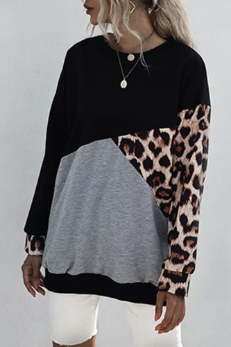 Casual Leopard Patchwork O Neck Tops