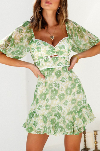 Fashion Casual Print Patchwork V Neck Waist Skirt Dresses